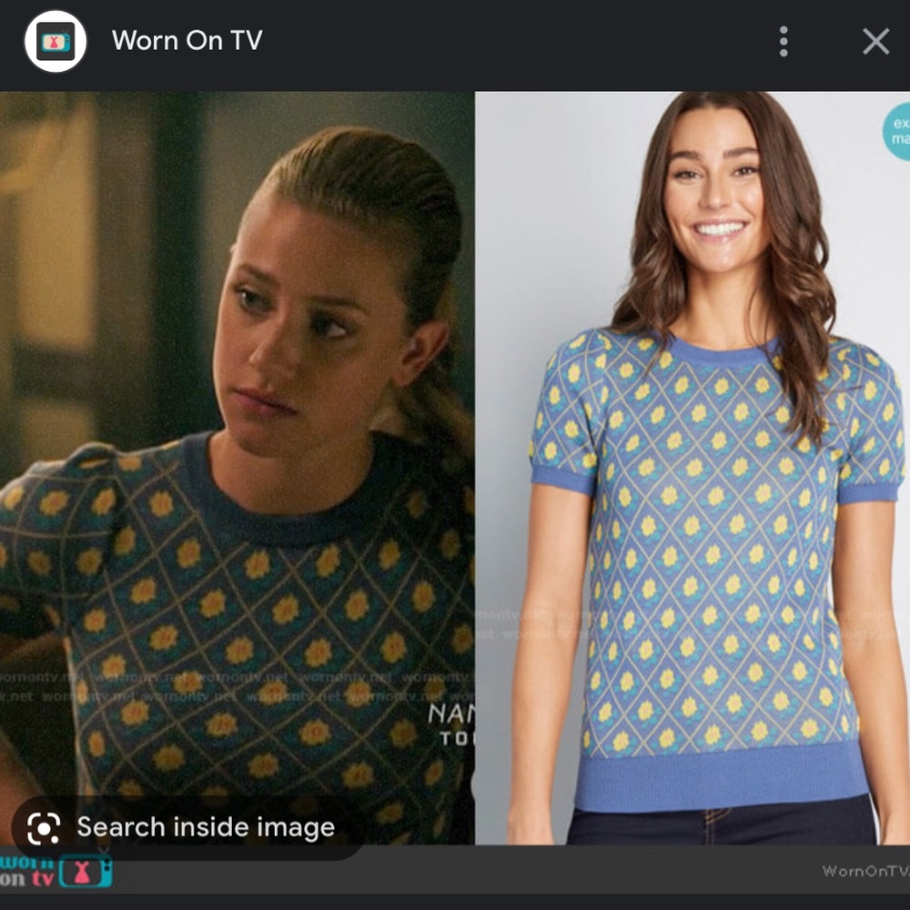 ModCloth blue large floral sweater Betty Cooper Elena Gilbert throwback blooms